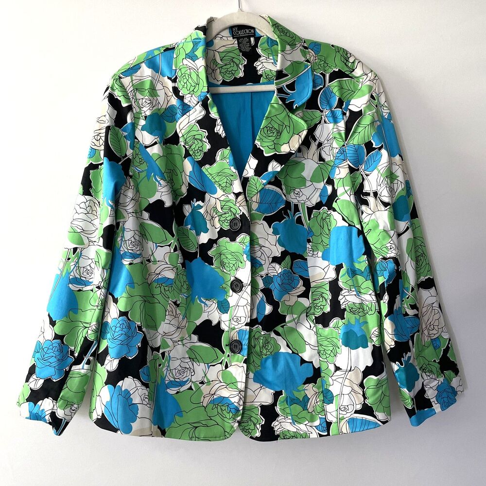 NY Collection Woman Floral Blazer Jacket Long Sleeve Blue Green Size 2X-dmpv